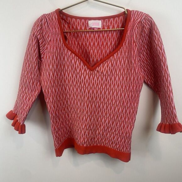 NWOT Revolve Saylor Pink Gold Red  Metal Fibre Polyamide Ruffle Sweater Top Sz M - Picture 8 of 8